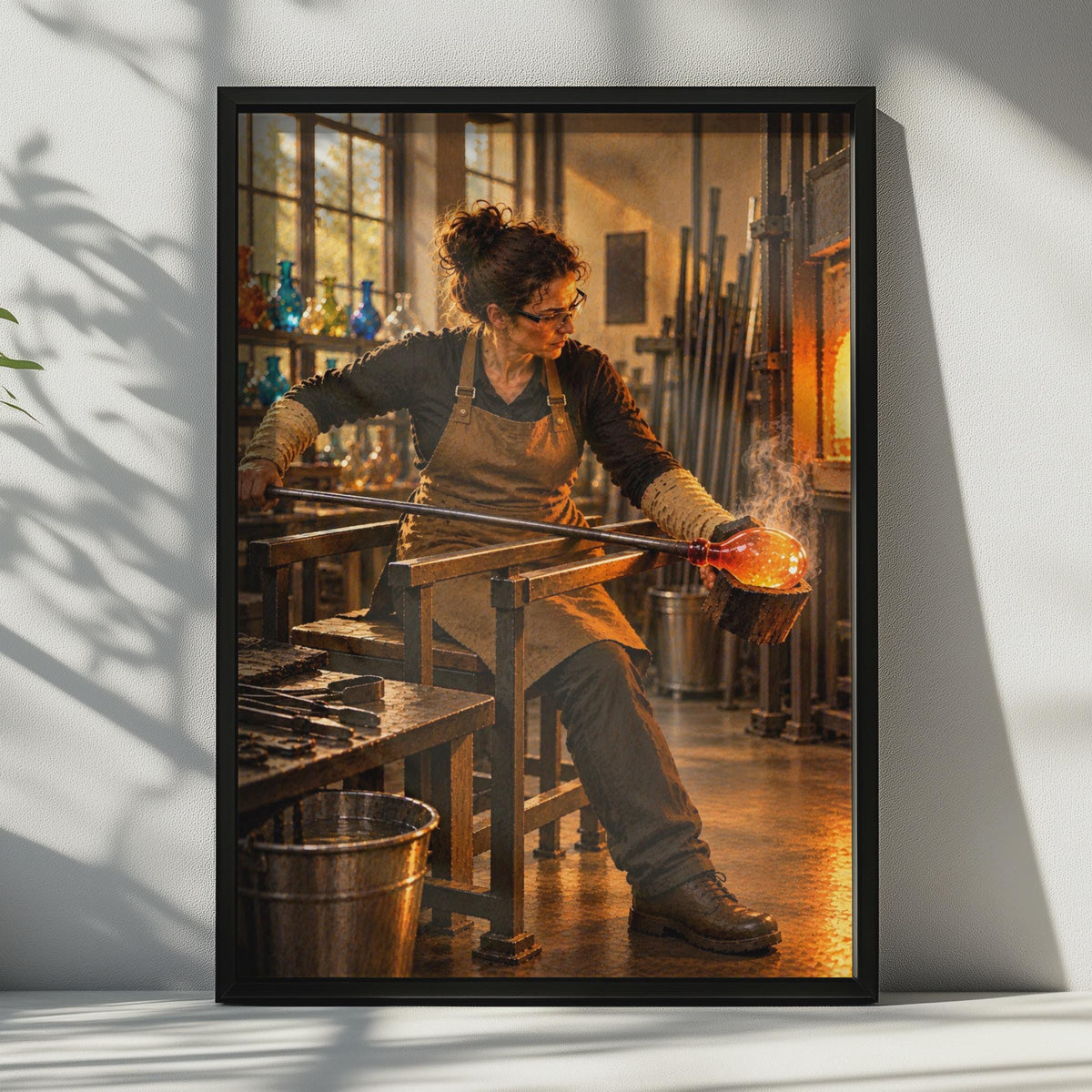 Female Glassblower Studio Poster, Artisan Craft Wall Art, Fiery Furnace Workshop Print