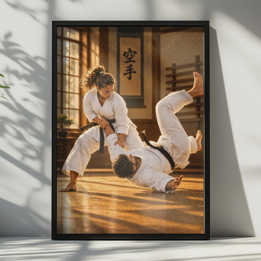 Karate Dojo Throw Poster, Black Belt Training, Japanese Kanji Decor (Print)