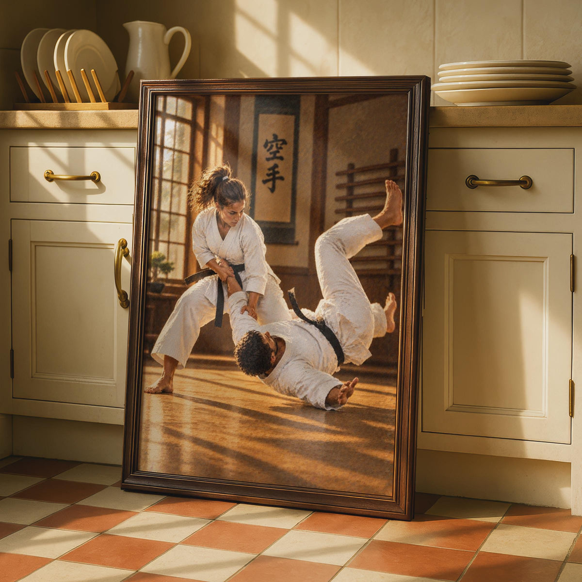 Karate Dojo Throw Poster, Black Belt Training, Japanese Kanji Decor (Print)