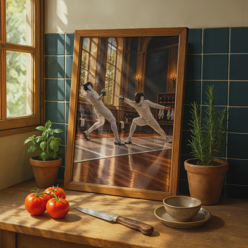Fencing Duel Poster, Classical Salle Art, Epee Sport Wall Art, Fencer Gift, Olympic Fencing Painting Style, Sport Hobby Room 