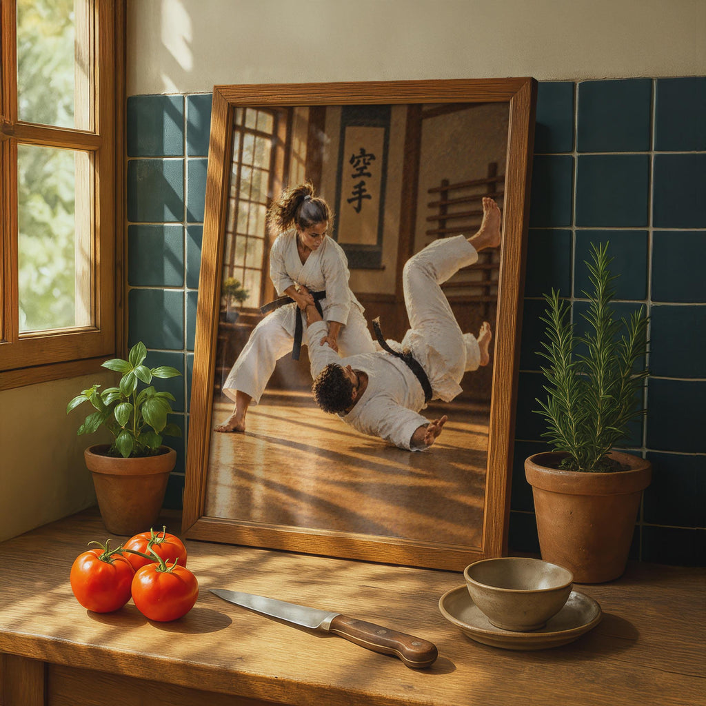 Karate Dojo Throw Poster, Black Belt Training, Japanese Kanji Decor (Print)
