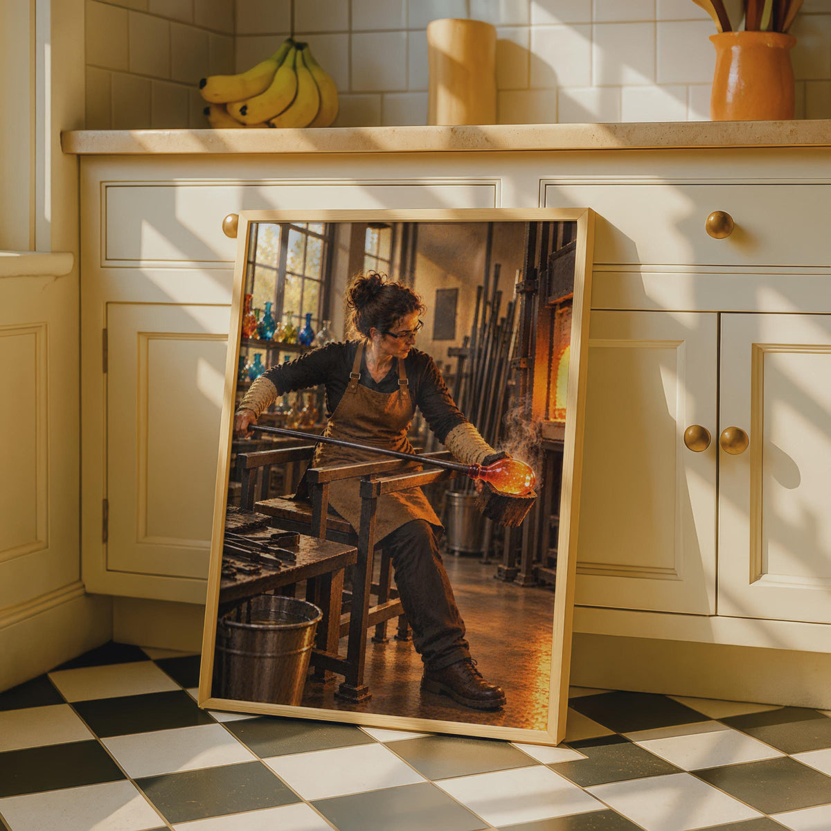 Female Glassblower Studio Poster, Artisan Craft Wall Art, Fiery Furnace Workshop Print
