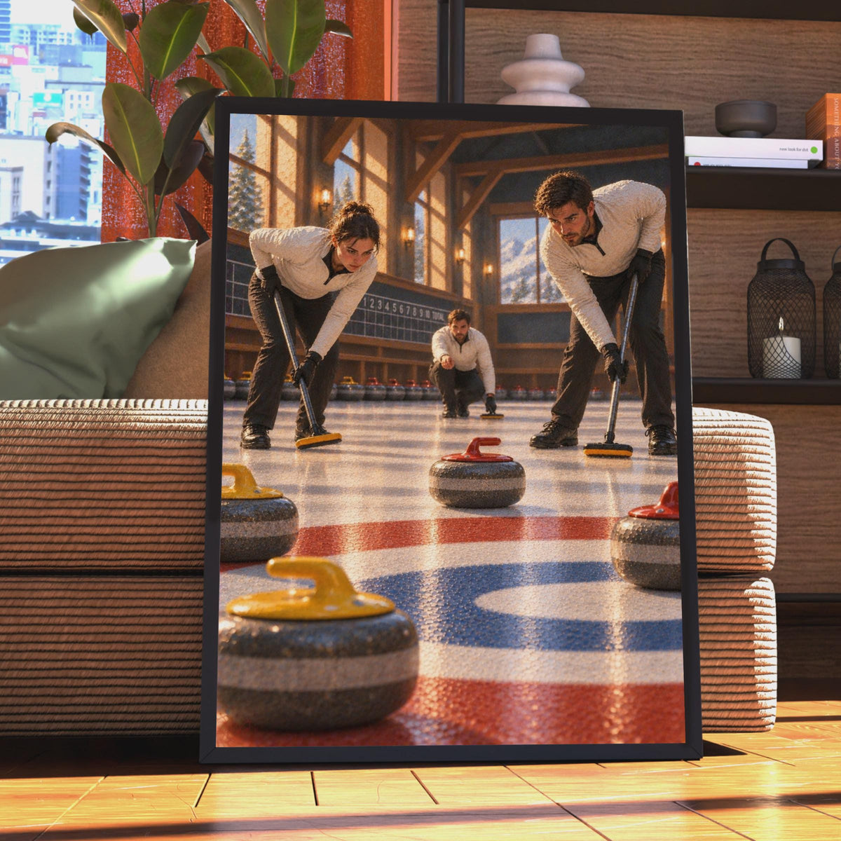 Curling Sport Poster, Winter Ice Rink Wall Art, Athletes Sweeping Print, Rustic Lodge Decor
