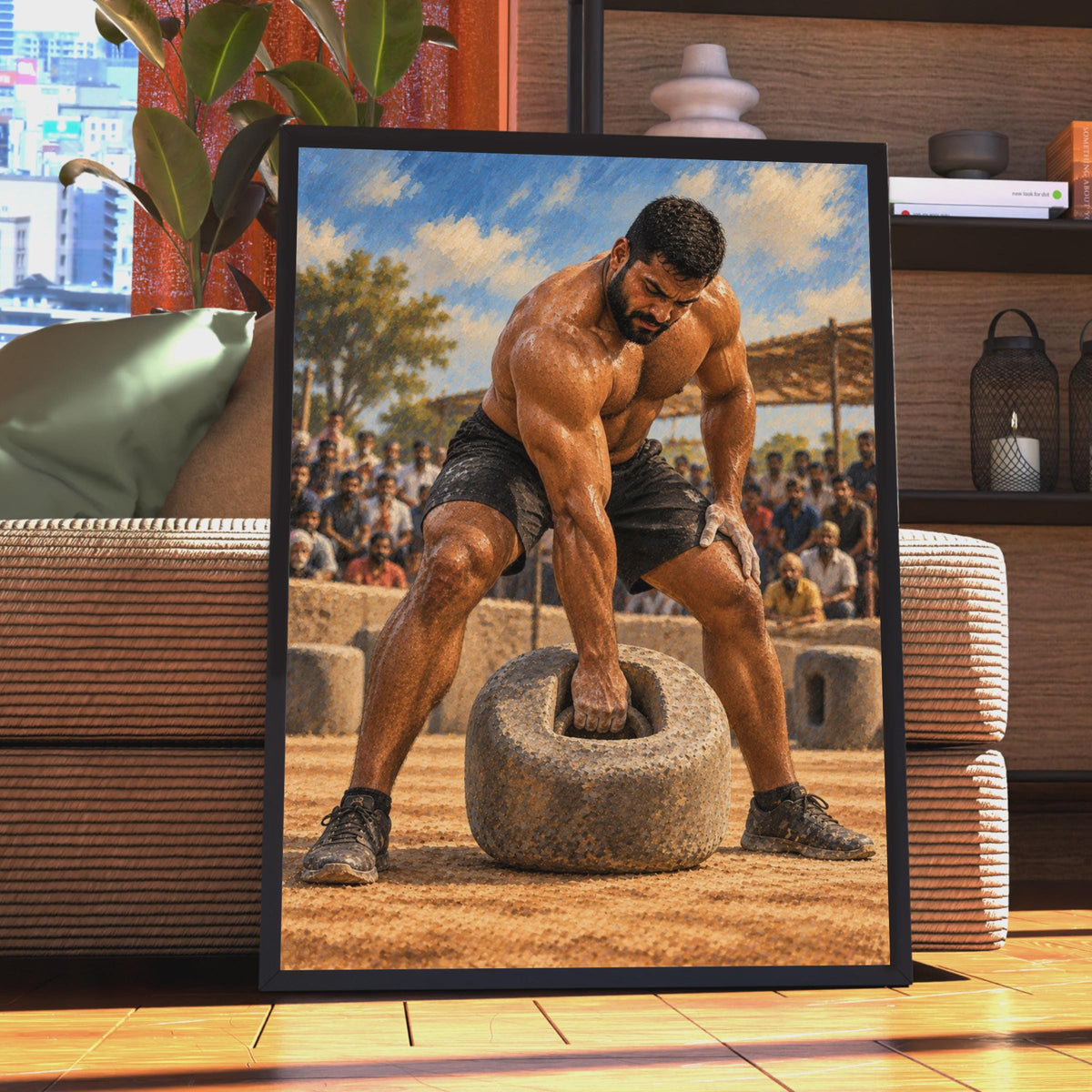 Indian Strongman Stone Lift Poster, Traditional Wrestling Wall Art, Strength Sports Print (Gym Decor)