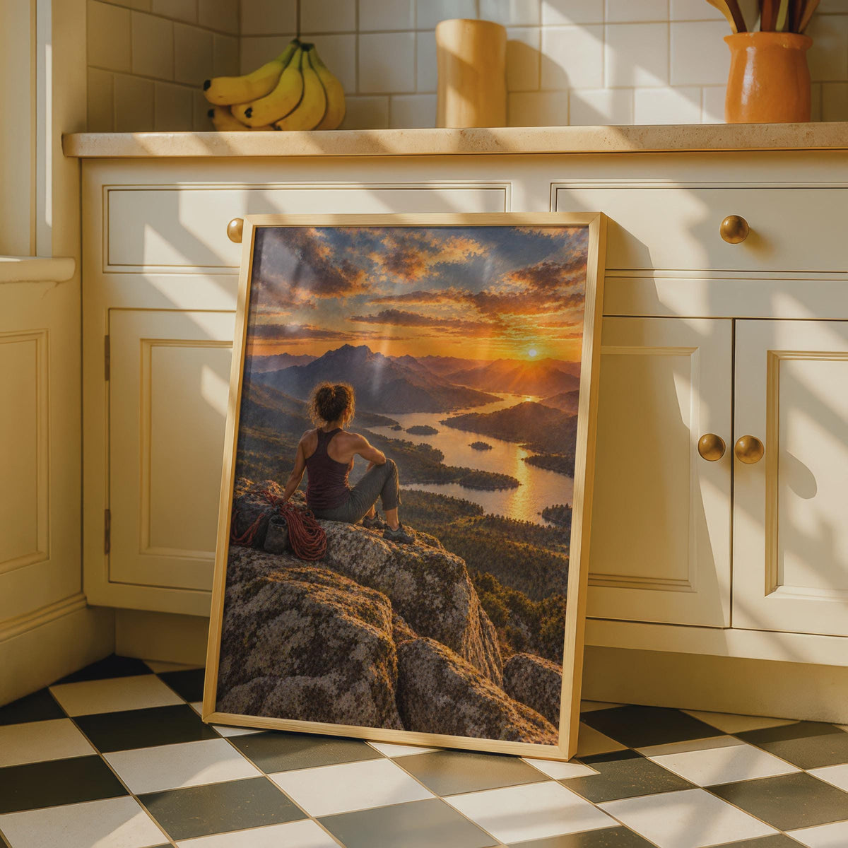 Female Climber Summit Sunset Poster, Mountain Lake View Wall Art (Print)