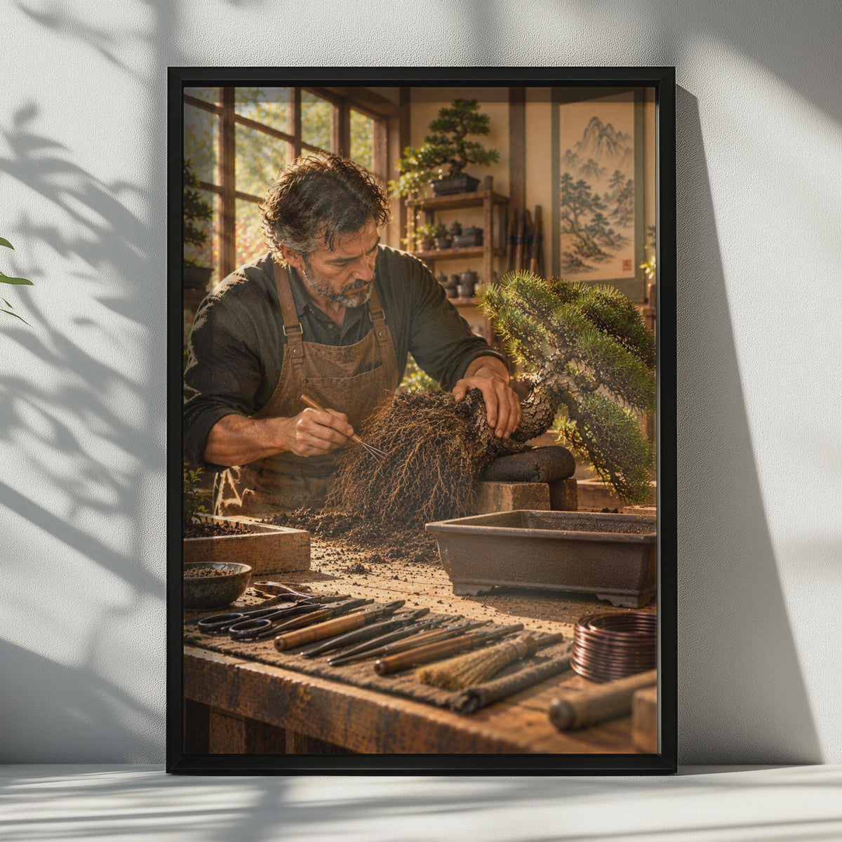 Bonsai Master Workshop Poster, Japanese Zen Craft, Earthy Tones (Print)