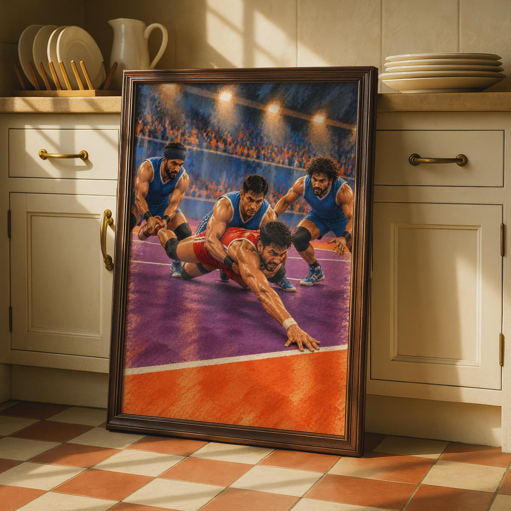 Kabaddi Sport Poster: Indian Contact Game, Stadium Action Wall Art, Blue Orange Athletic Decor, Sports Room Gift