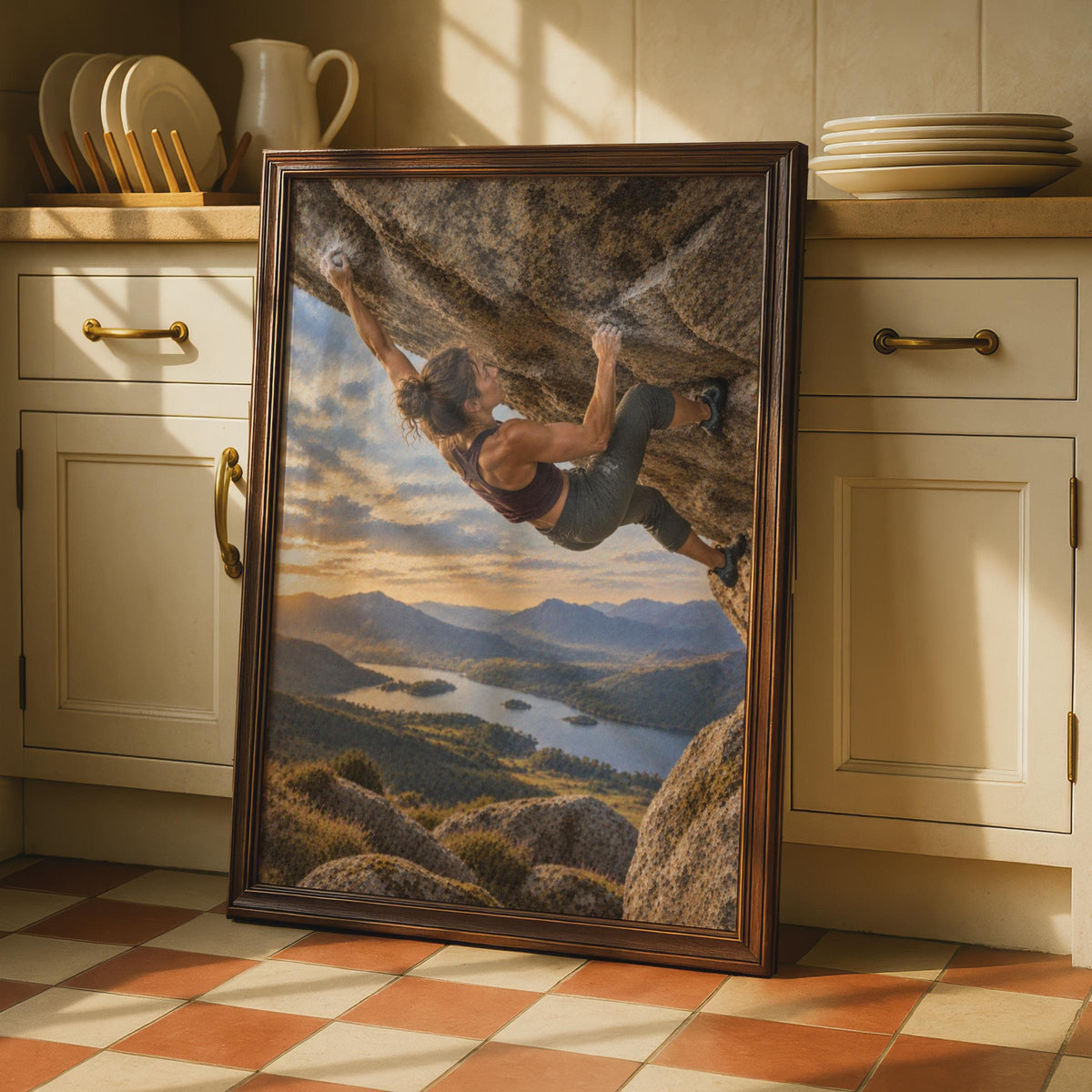 Woman Bouldering Poster, Sunset Mountain Landscape, Adventure Sports Print