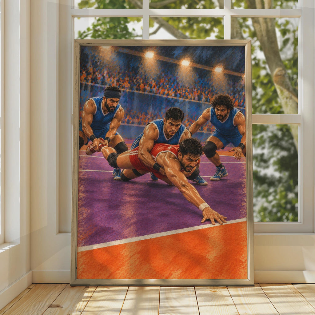Kabaddi Sport Poster: Indian Contact Game, Stadium Action Wall Art, Blue Orange Athletic Decor, Sports Room Gift