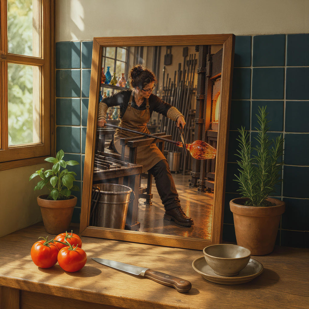 Female Glassblower Workshop Poster, Artisan Kiln Art, Creative Studio Wall Art