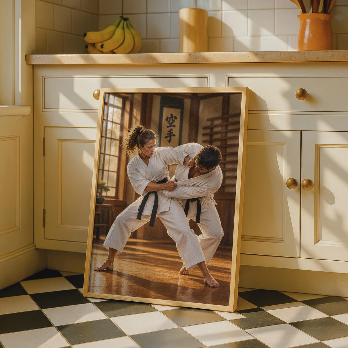 Karate Dojo Sparring Poster, Black Belt Grappling, Japanese Martial Arts Wall Art