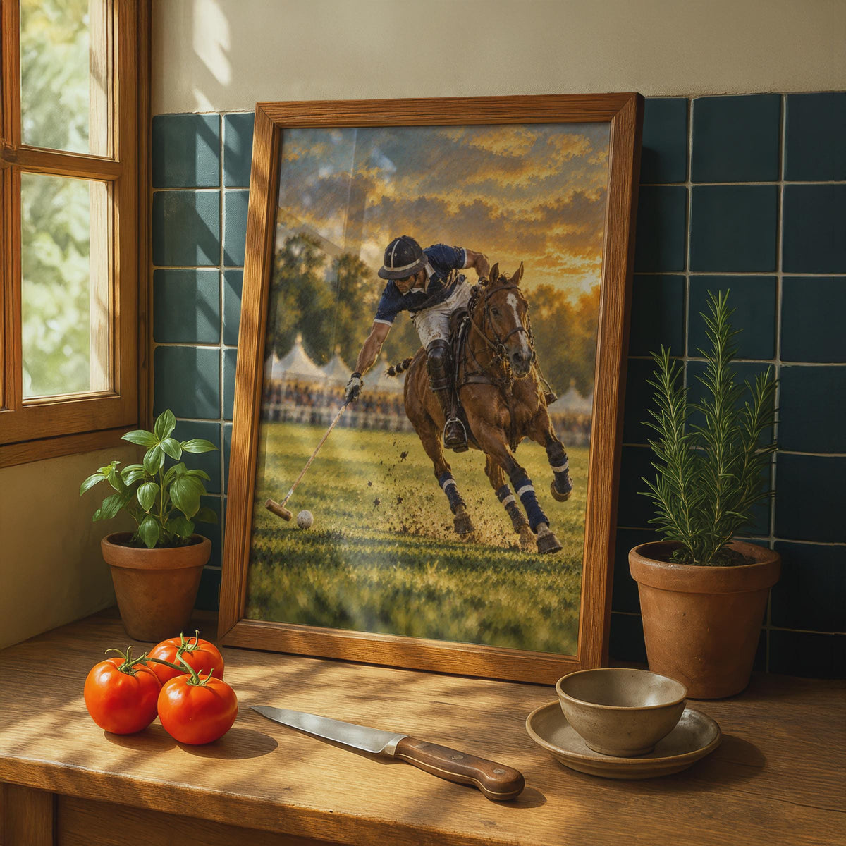 Golden Sunset Polo Match Poster, Navy Blue Equestrian Art Print