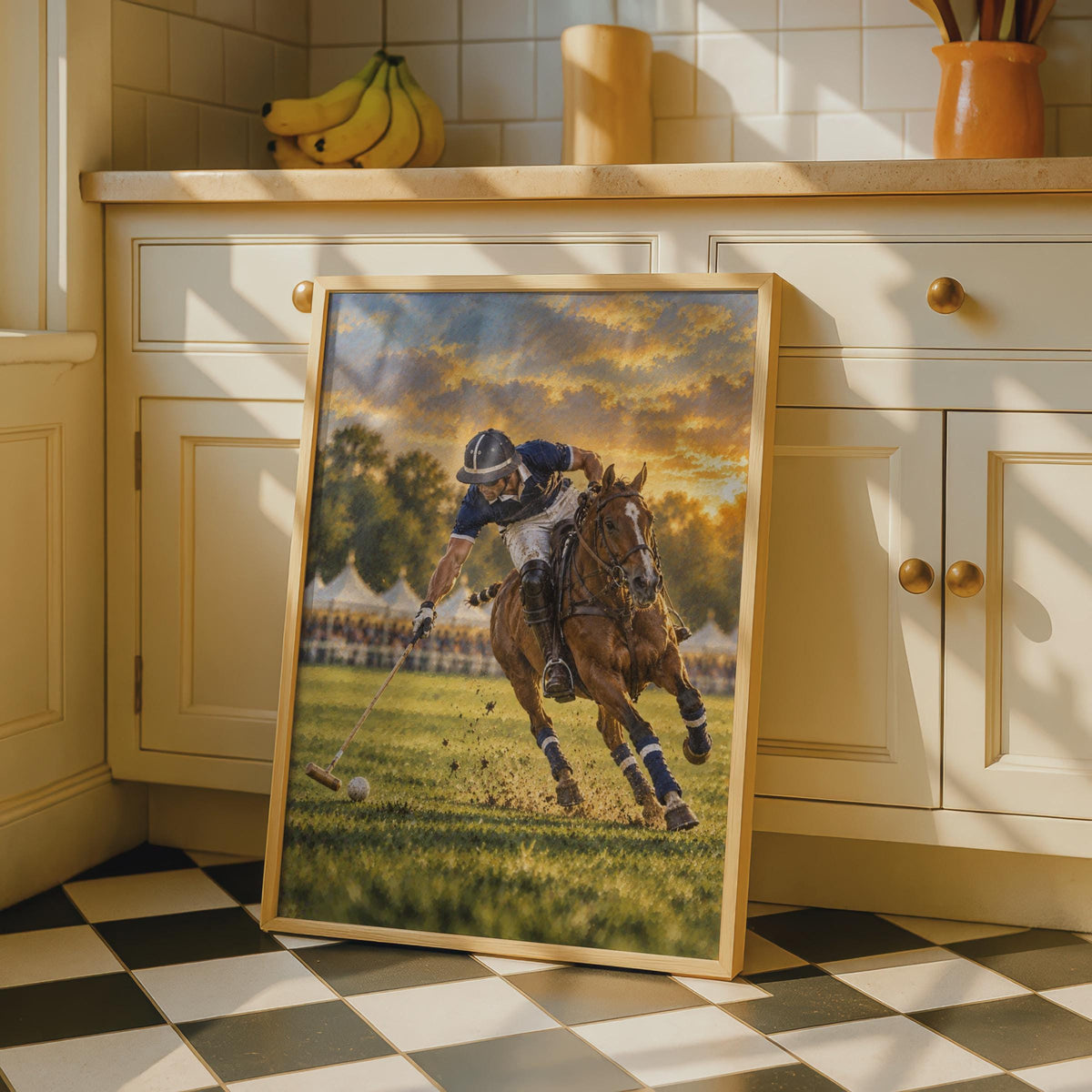 Golden Sunset Polo Match Poster, Navy Blue Equestrian Art Print