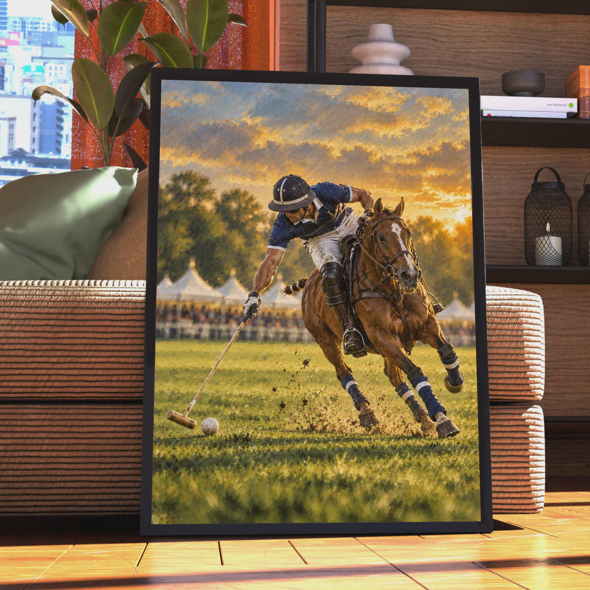 Golden Sunset Polo Match Poster, Navy Blue Equestrian Art Print