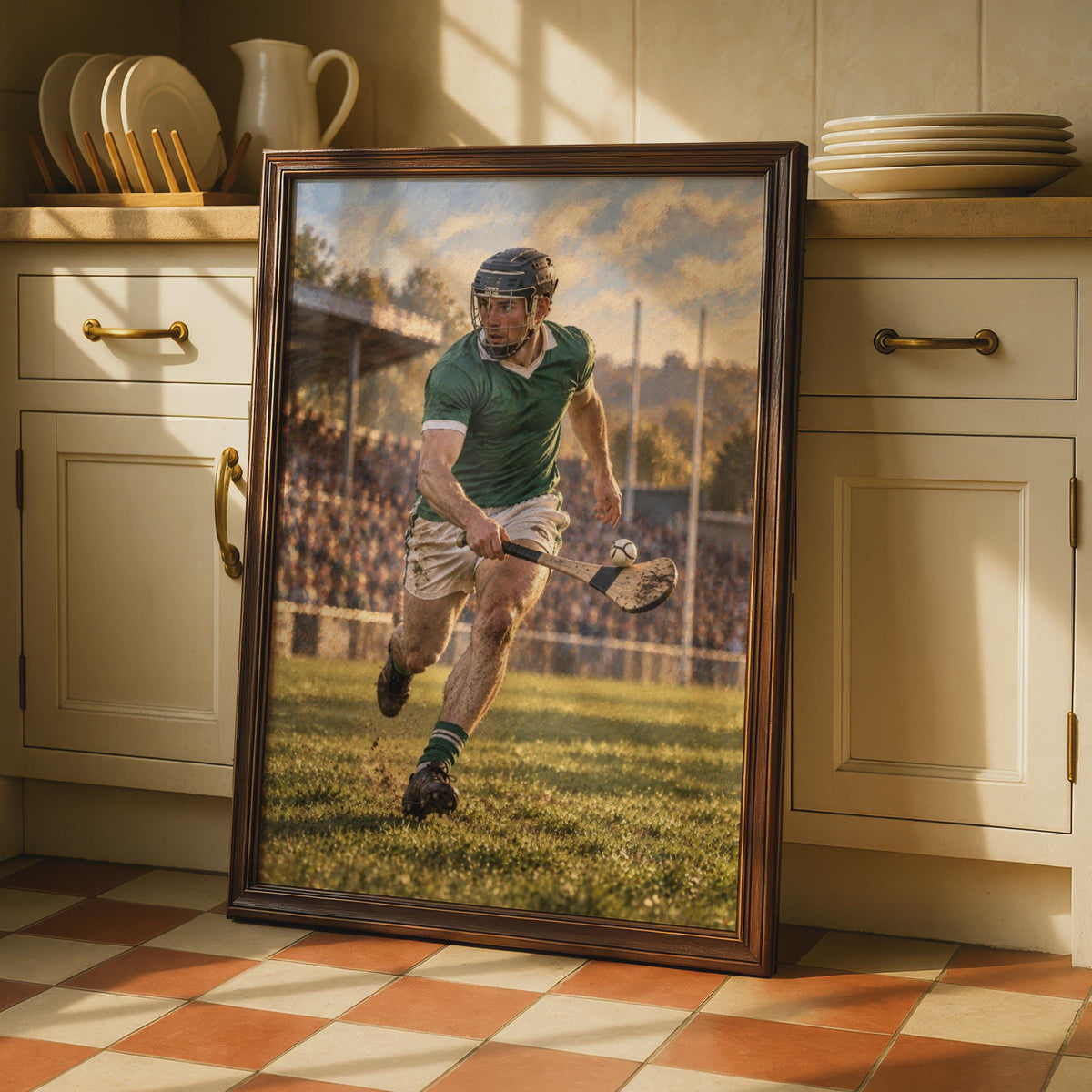 Hurling Player Oil Painting Poster, Irish GAA Sport Wall Art, Green Jersey (Print)