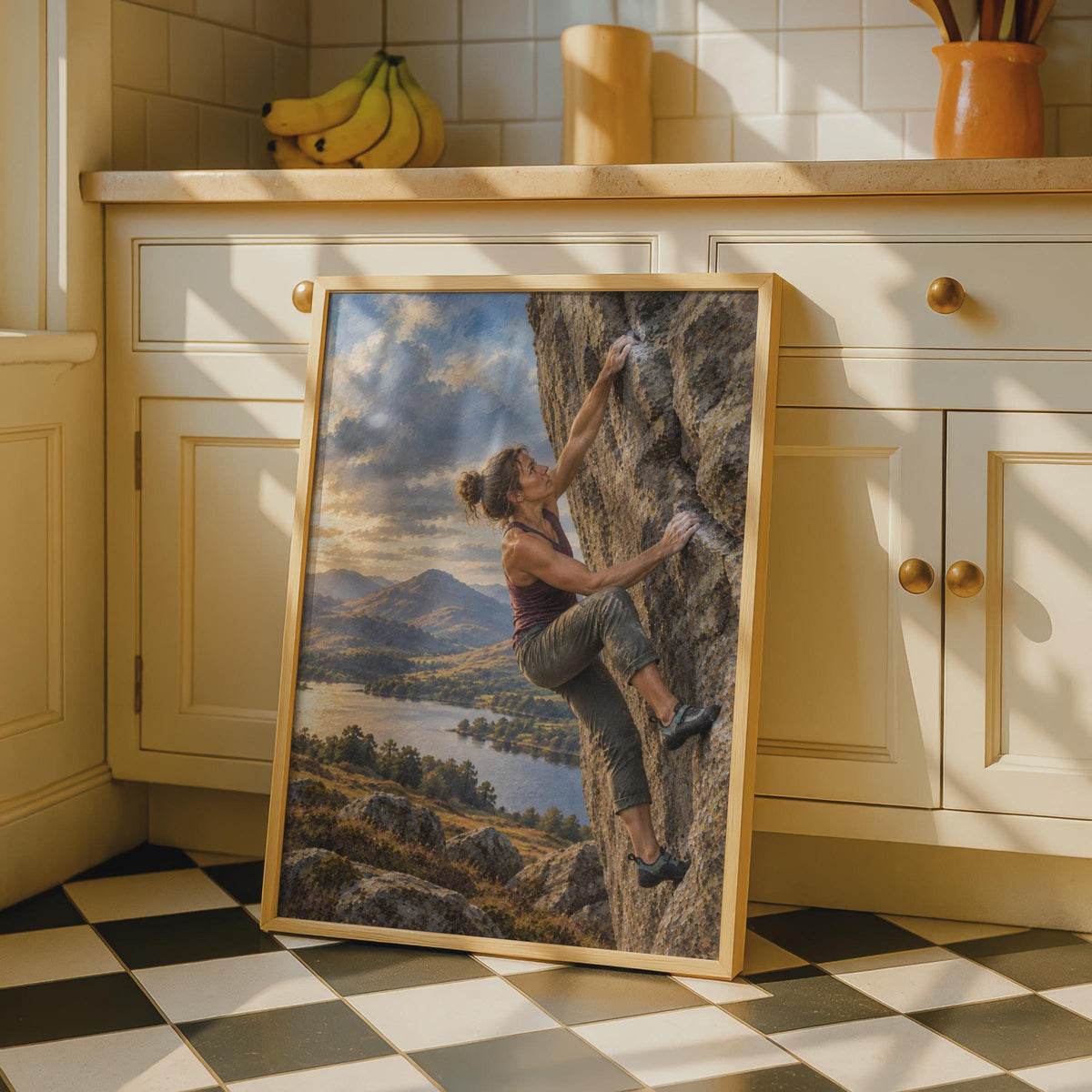 Woman Rock Climber Poster, Golden Sunset Mountain Lake Landscape, Adventurous Wall Art