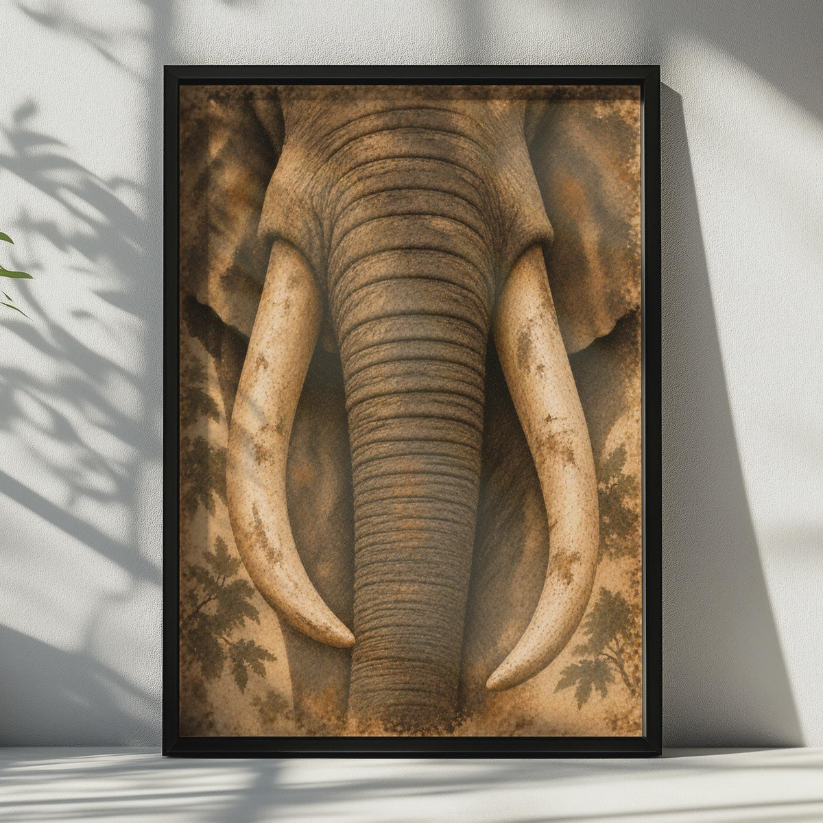 African Elephant Close-Up Poster, Textured Trunk, Tusks Detail, Earth Tones (Print)