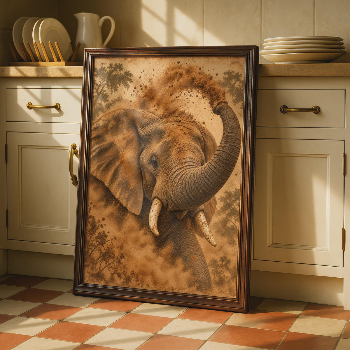 African Elephant Dust Bath Poster, Wildlife Wall Art, Warm Brown Tones (Print)