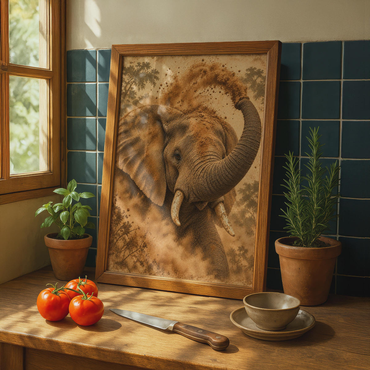 African Elephant Dust Bath Poster, Wildlife Wall Art, Warm Brown Tones (Print)