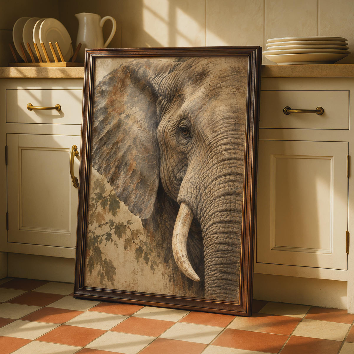 African Elephant Portrait Poster, Textured Earth Tone Wildlife Art (Physical Print)