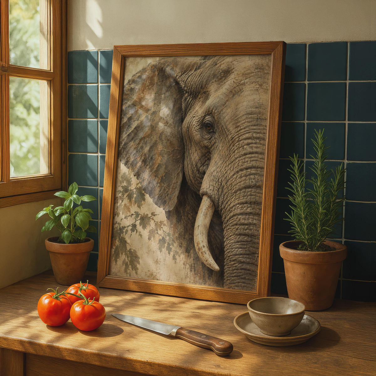African Elephant Portrait Poster, Textured Earth Tone Wildlife Art (Physical Print)