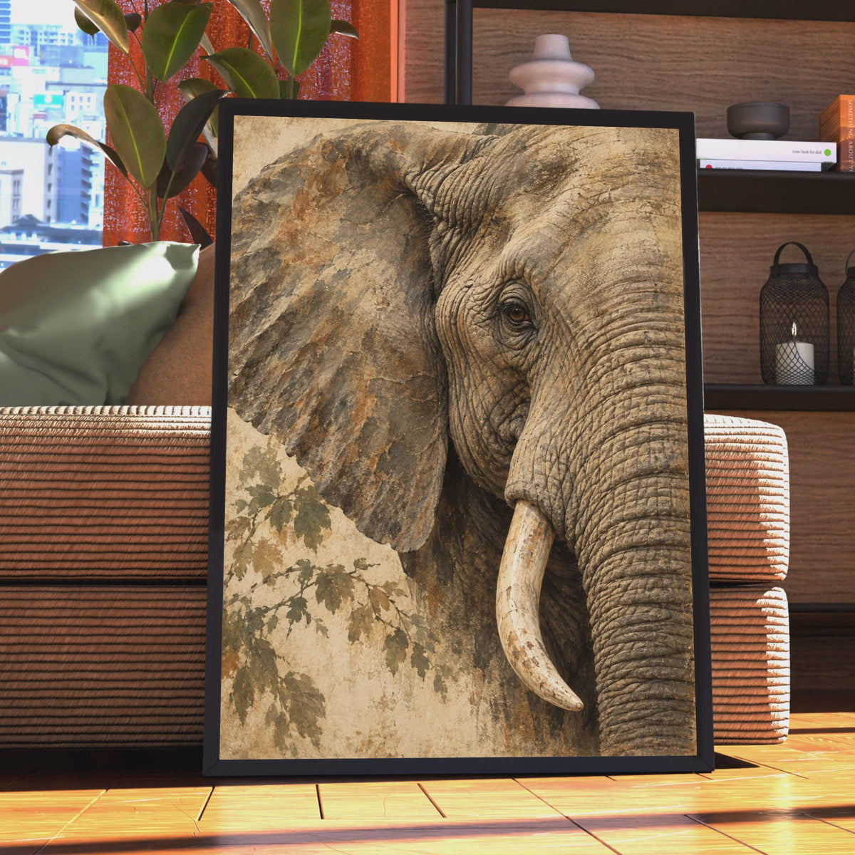 African Elephant Portrait Poster, Textured Earth Tone Wildlife Art (Physical Print)