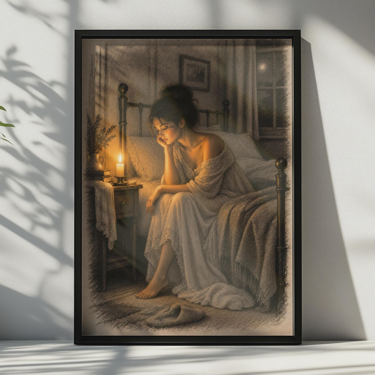 Victorian Woman Candlelight Poster, Sepia Pencil Sketch, Moody Bedroom Art