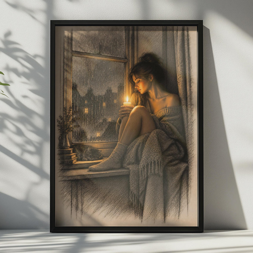 Moody Rainy Window Poster, Woman Candle Cat Art, Hygge Bedroom Print (Sepia Sketch Style)