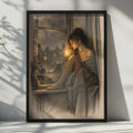 Moody Rainy Window Poster, Woman Candle Cat Art, Hygge Bedroom Print (Sepia Sketch Style)