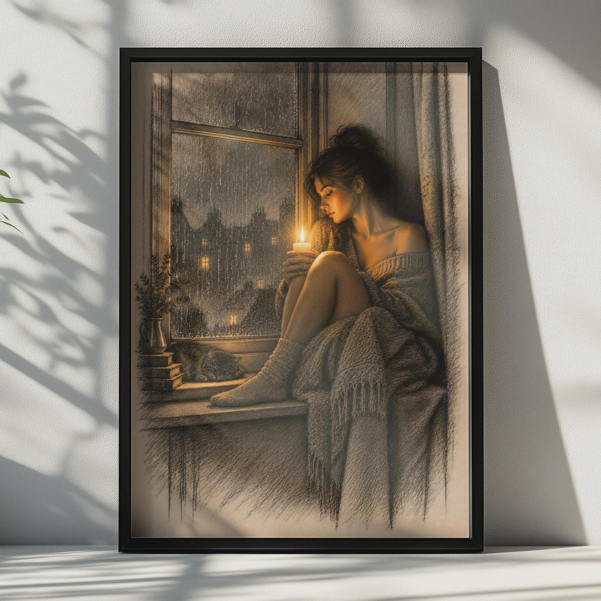 Moody Rainy Window Poster, Woman Candle Cat Art, Hygge Bedroom Print (Sepia Sketch Style)