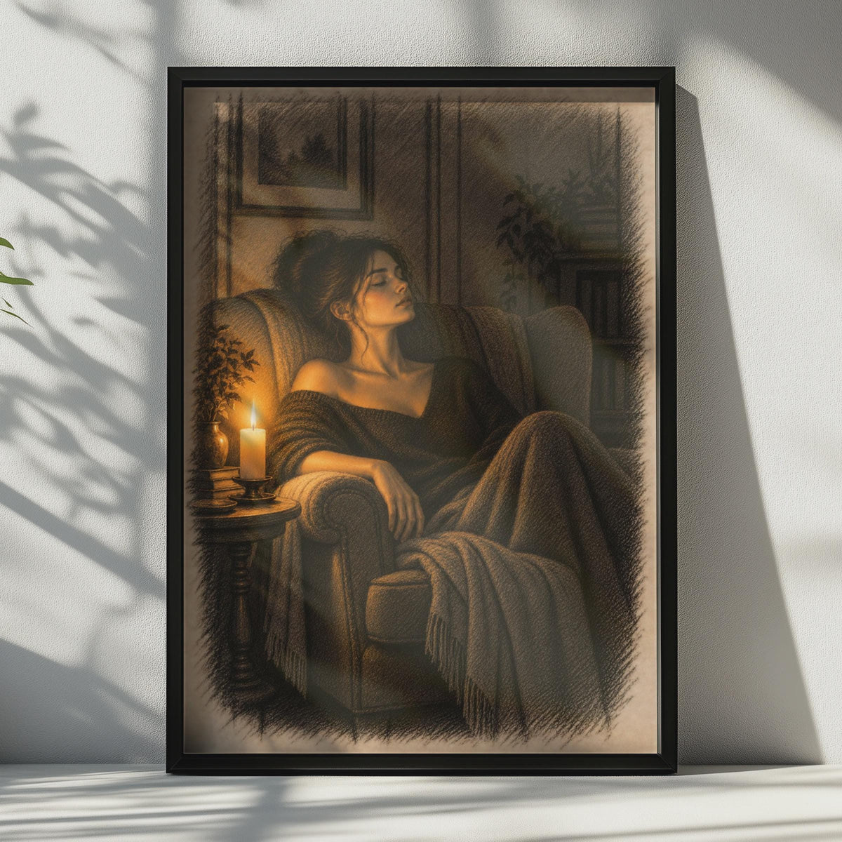 Candlelit Woman Resting Armchair Poster, Hygge Interior Art, Warm Amber Tones (Print)