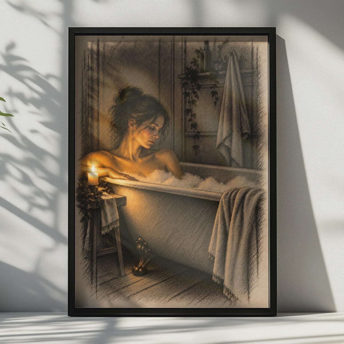 Candlelit Bath Poster, Sepia Sketch Woman in Tub, Moody Bathroom Art Print