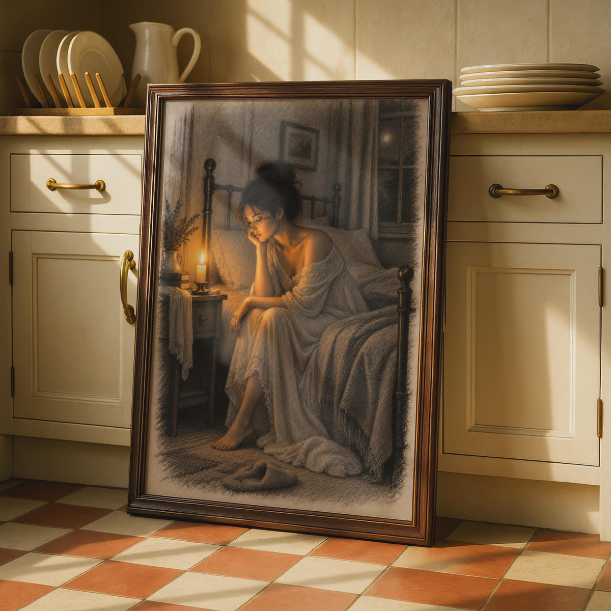 Victorian Woman Candlelight Poster, Sepia Pencil Sketch, Moody Bedroom Art
