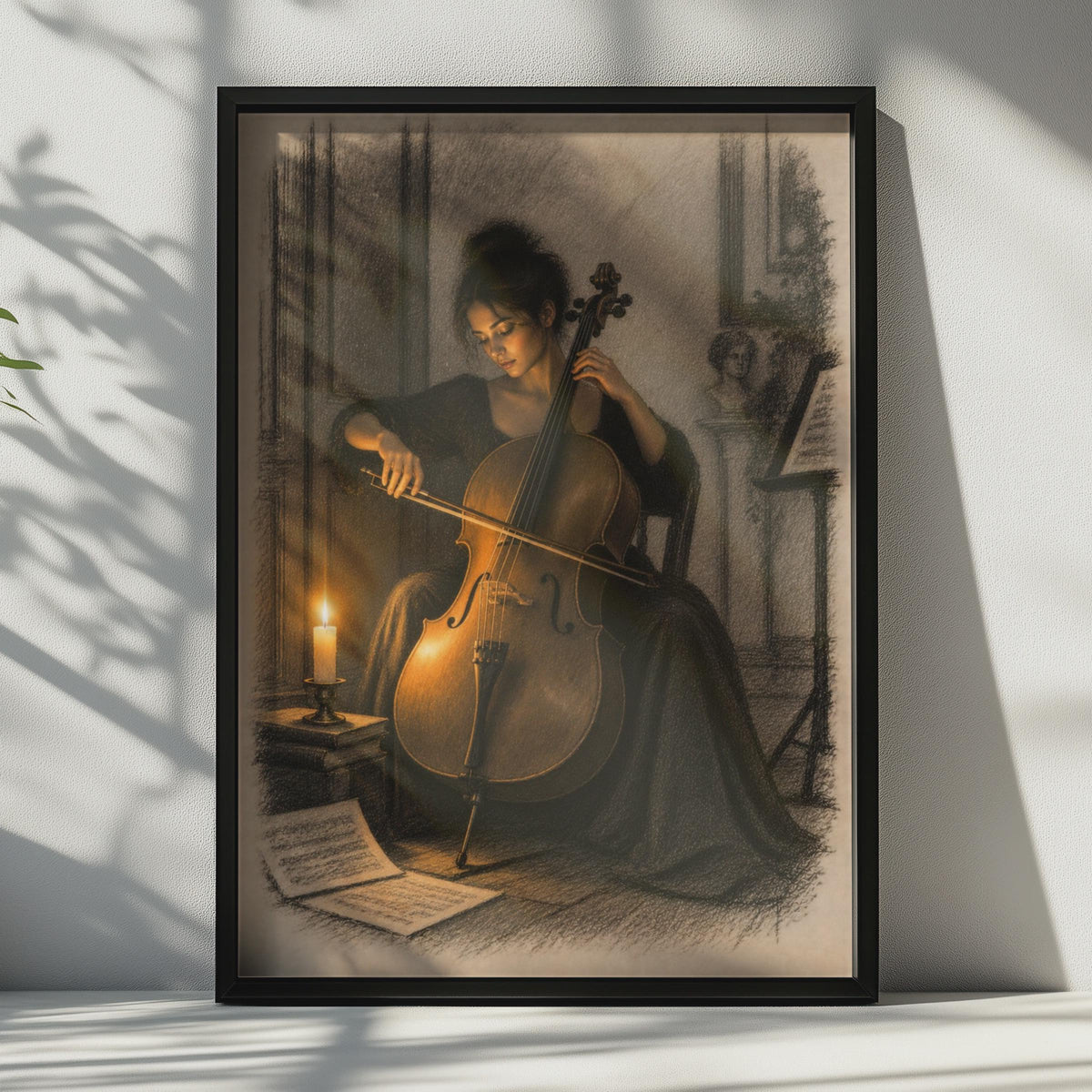 Cello by Candlelight Poster, Pencil Sketch, Dark Academia Decor (Print)