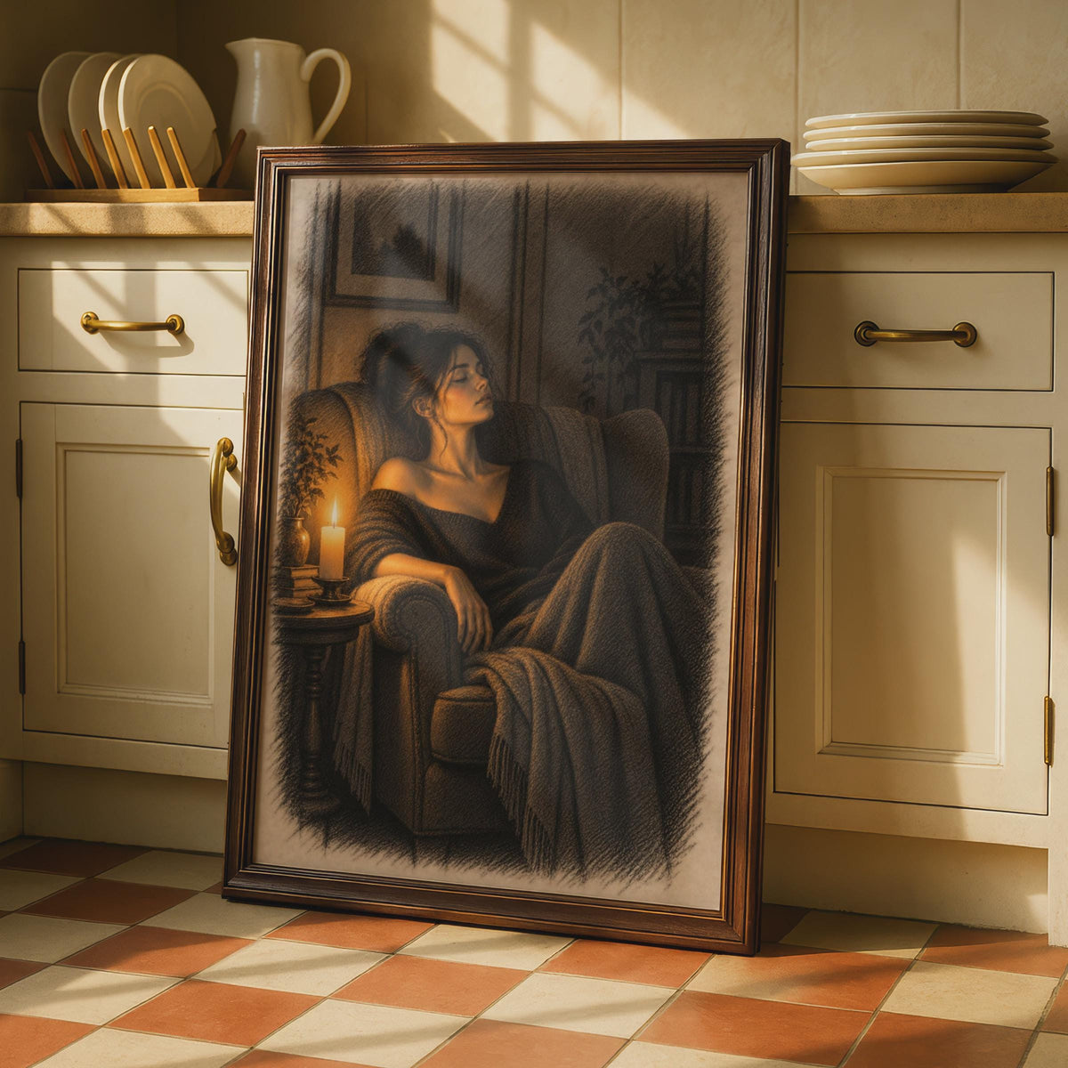 Candlelit Woman Resting Armchair Poster, Hygge Interior Art, Warm Amber Tones (Print)