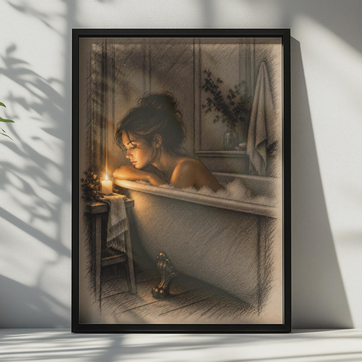 Woman in Candlelit Bath Poster, Sepia Sketch Art, Clawfoot Tub Wall Decor