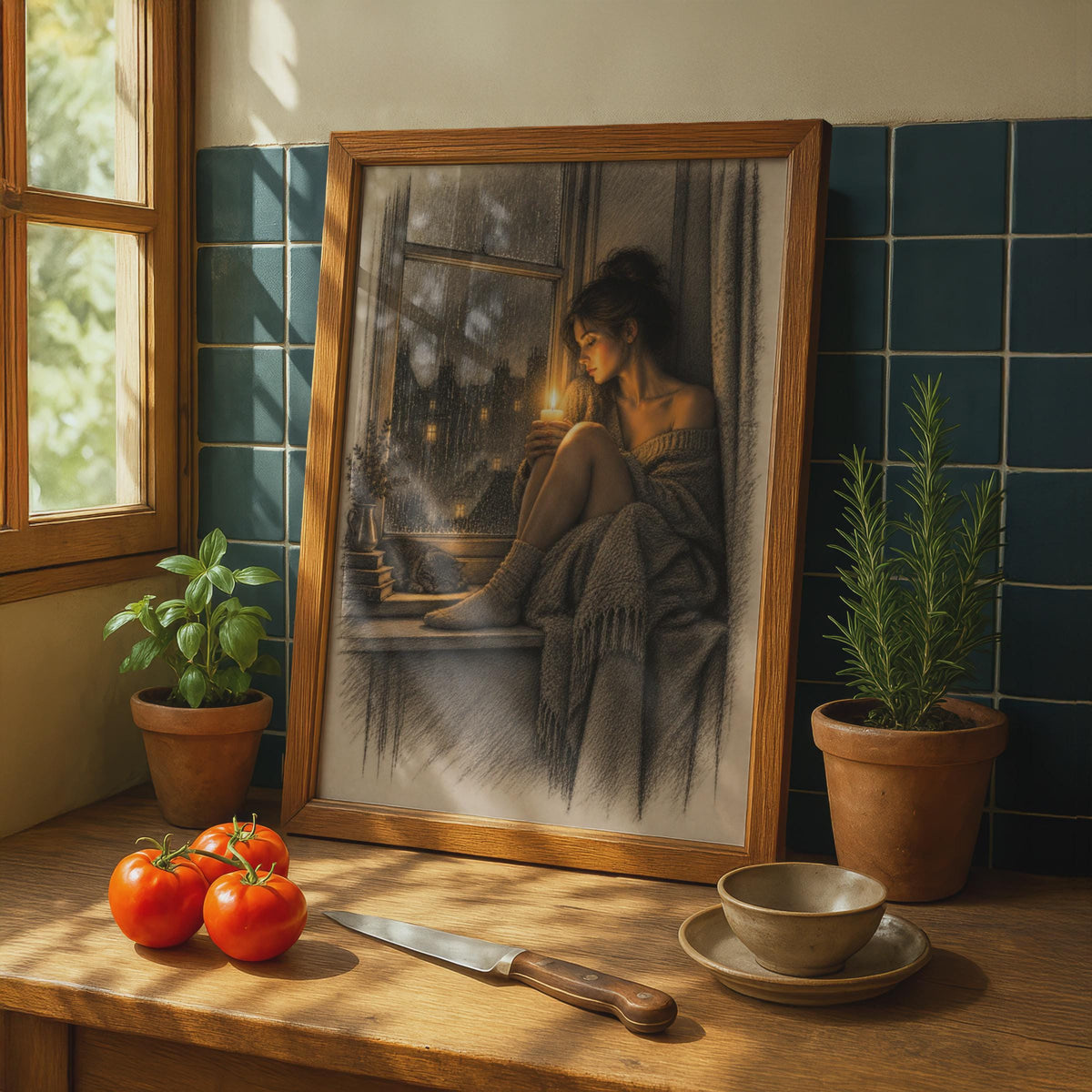 Moody Rainy Window Poster, Woman Candle Cat Art, Hygge Bedroom Print (Sepia Sketch Style)