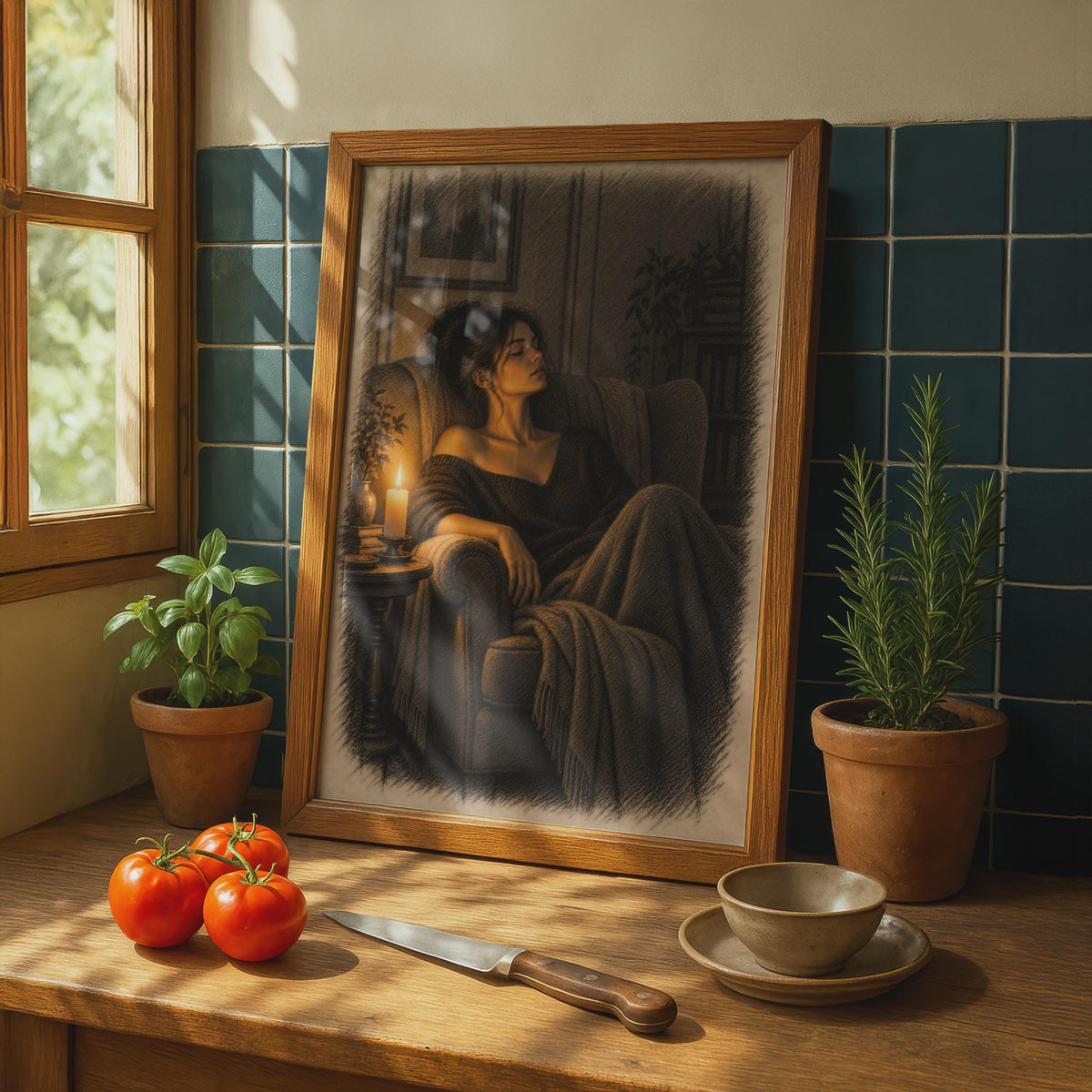Candlelit Woman Resting Armchair Poster, Hygge Interior Art, Warm Amber Tones (Print)