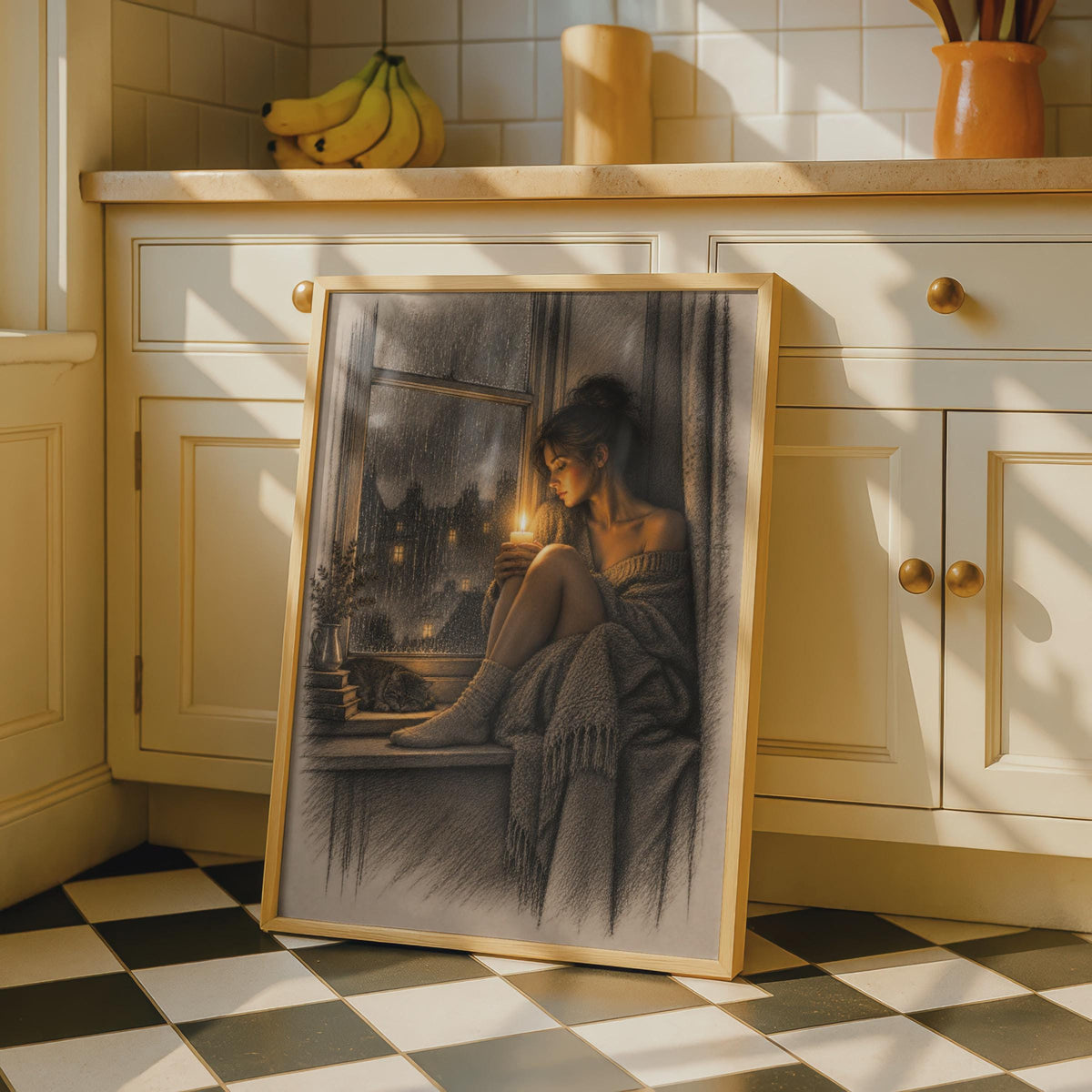 Moody Rainy Window Poster, Woman Candle Cat Art, Hygge Bedroom Print (Sepia Sketch Style)