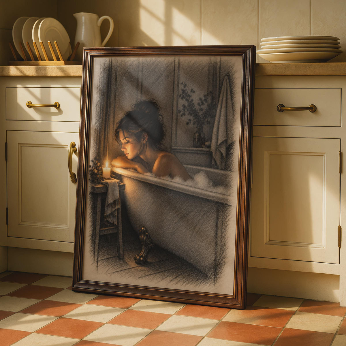 Woman in Candlelit Bath Poster, Sepia Sketch Art, Clawfoot Tub Wall Decor