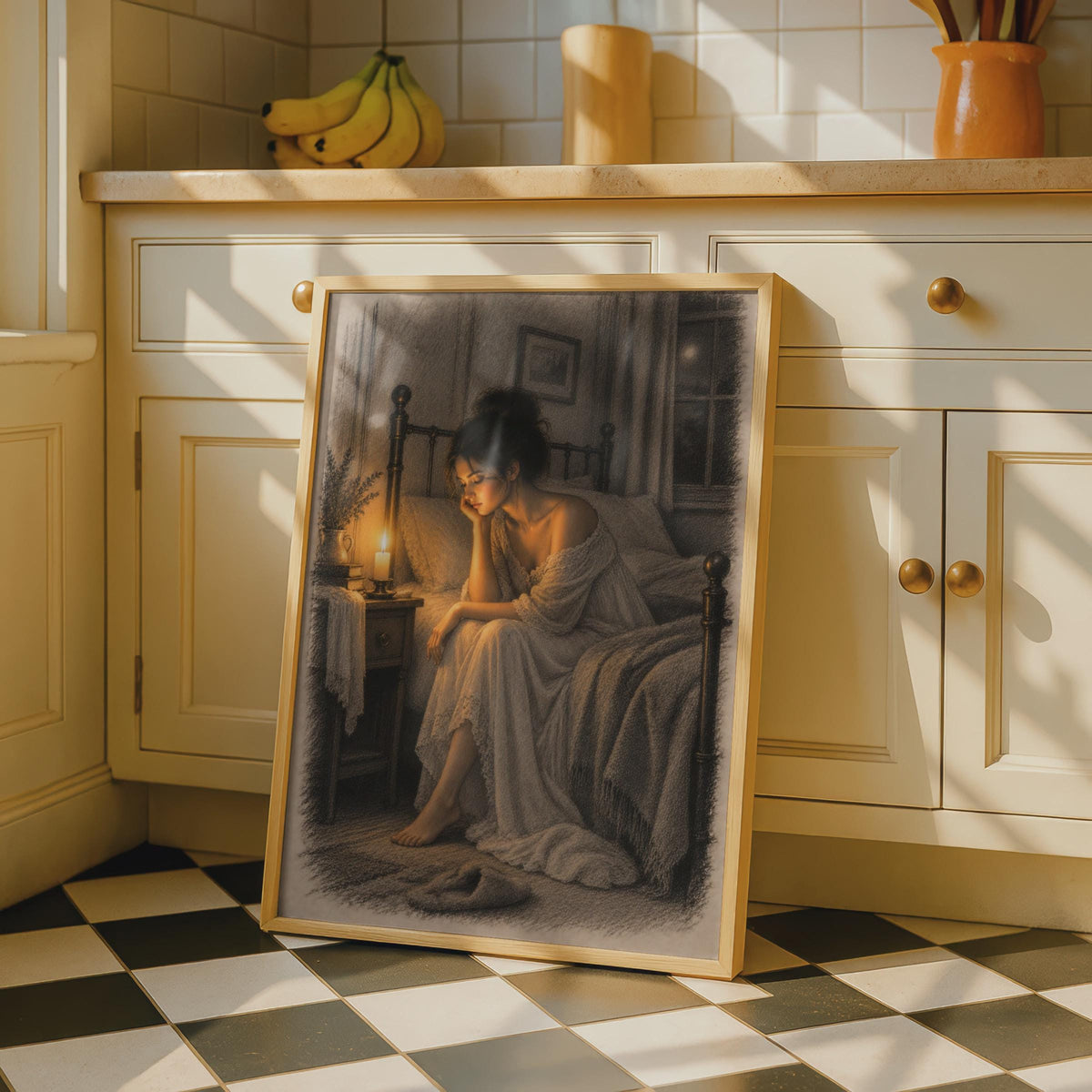 Victorian Woman Candlelight Poster, Sepia Pencil Sketch, Moody Bedroom Art