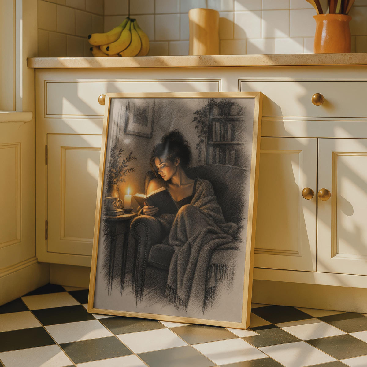Candlelight Reading Woman Poster, Charcoal Sketch Style, Cozy Library Wall Art (Print)
