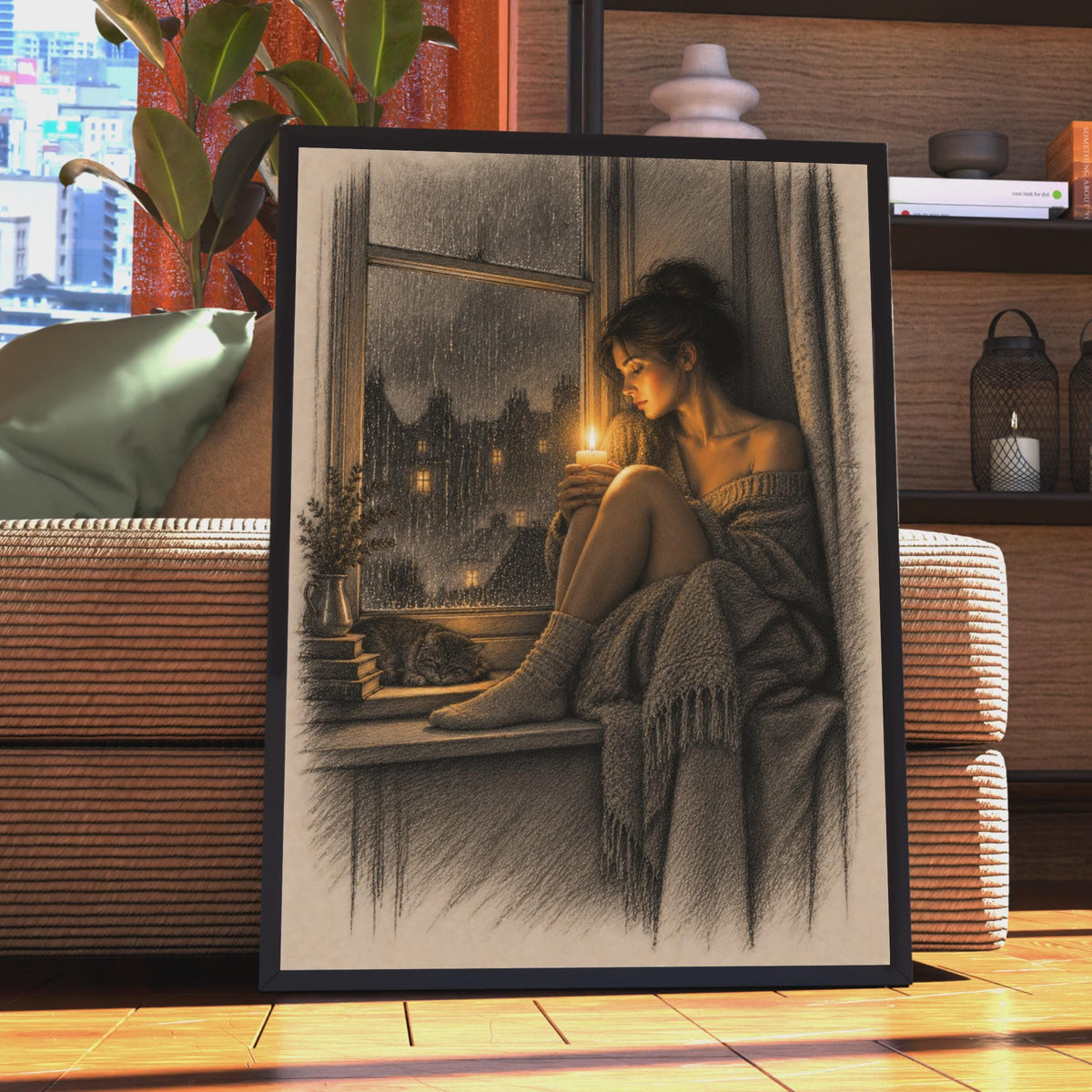 Moody Rainy Window Poster, Woman Candle Cat Art, Hygge Bedroom Print (Sepia Sketch Style)