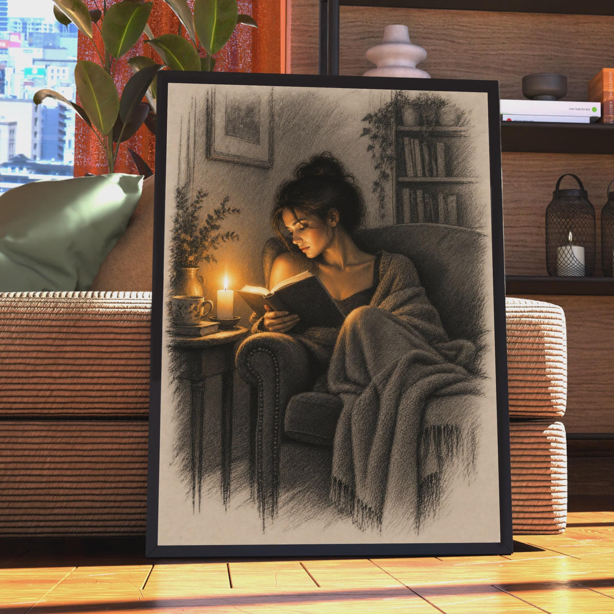 Candlelight Reading Woman Poster, Charcoal Sketch Style, Cozy Library Wall Art (Print)