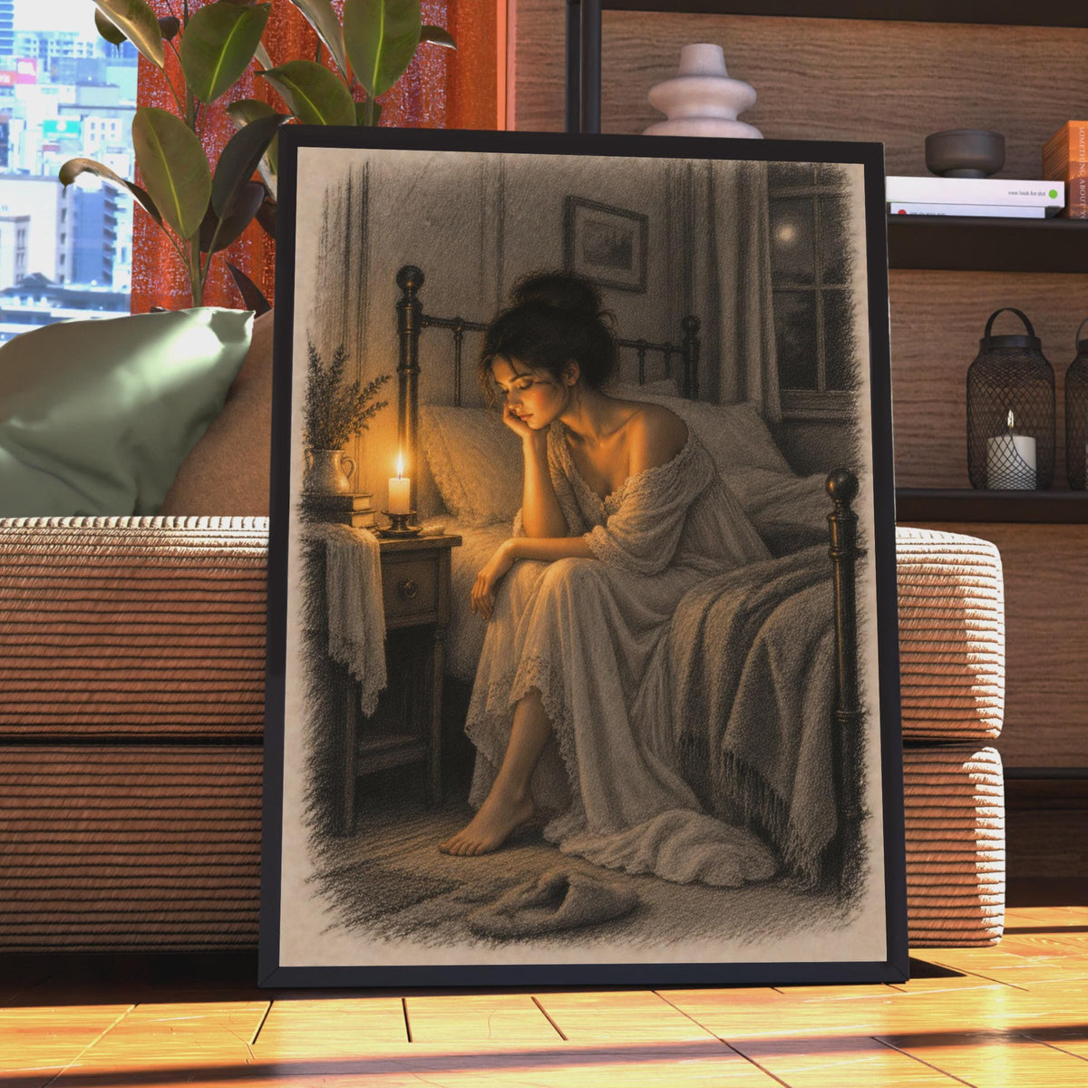 Victorian Woman Candlelight Poster, Sepia Pencil Sketch, Moody Bedroom Art