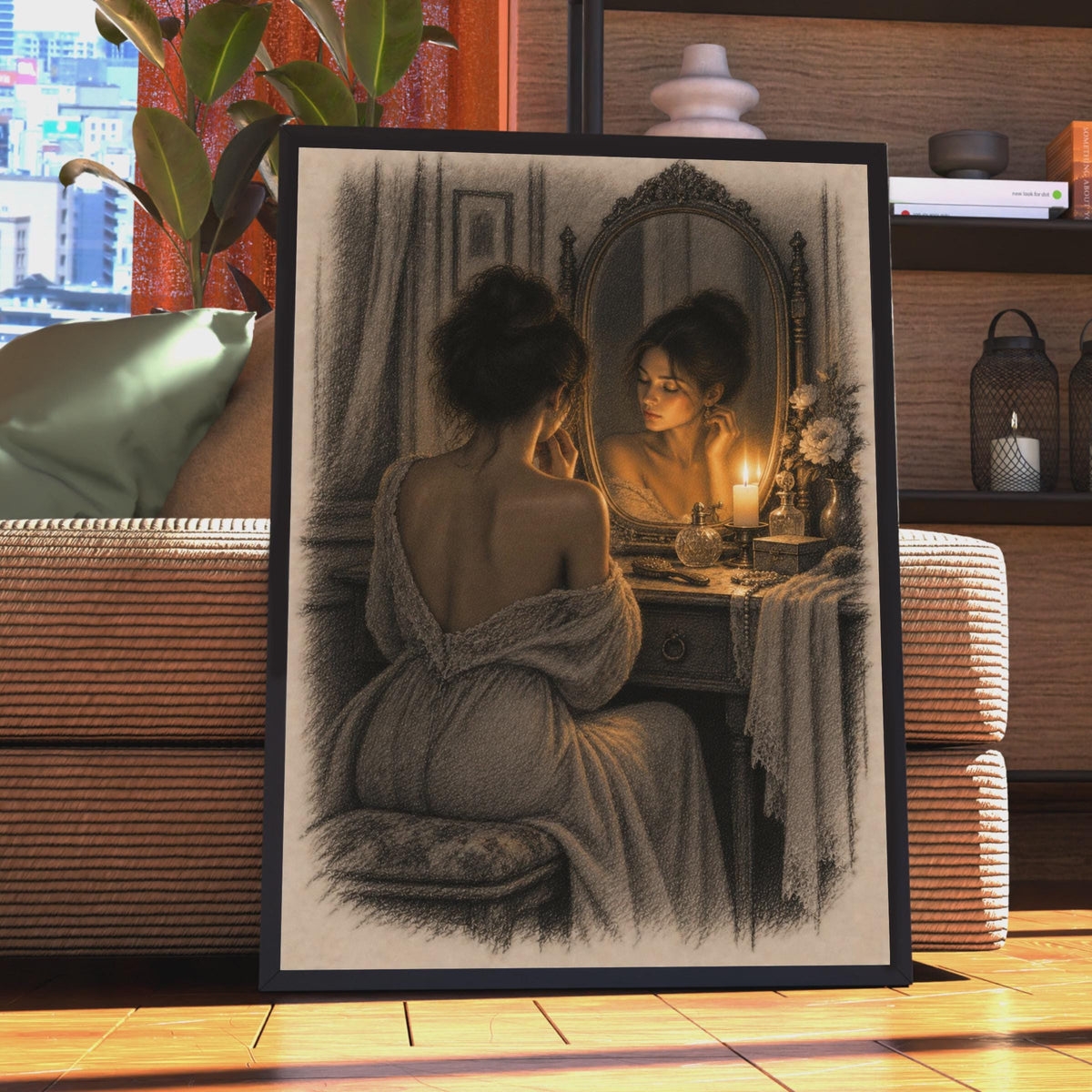 Victorian Woman at Vanity Mirror Poster, Candlelight Boudoir Art, Sepia Figurative Print