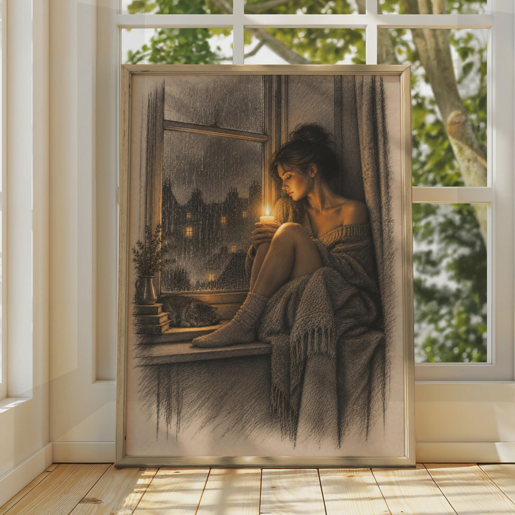 Moody Rainy Window Poster, Woman Candle Cat Art, Hygge Bedroom Print (Sepia Sketch Style)