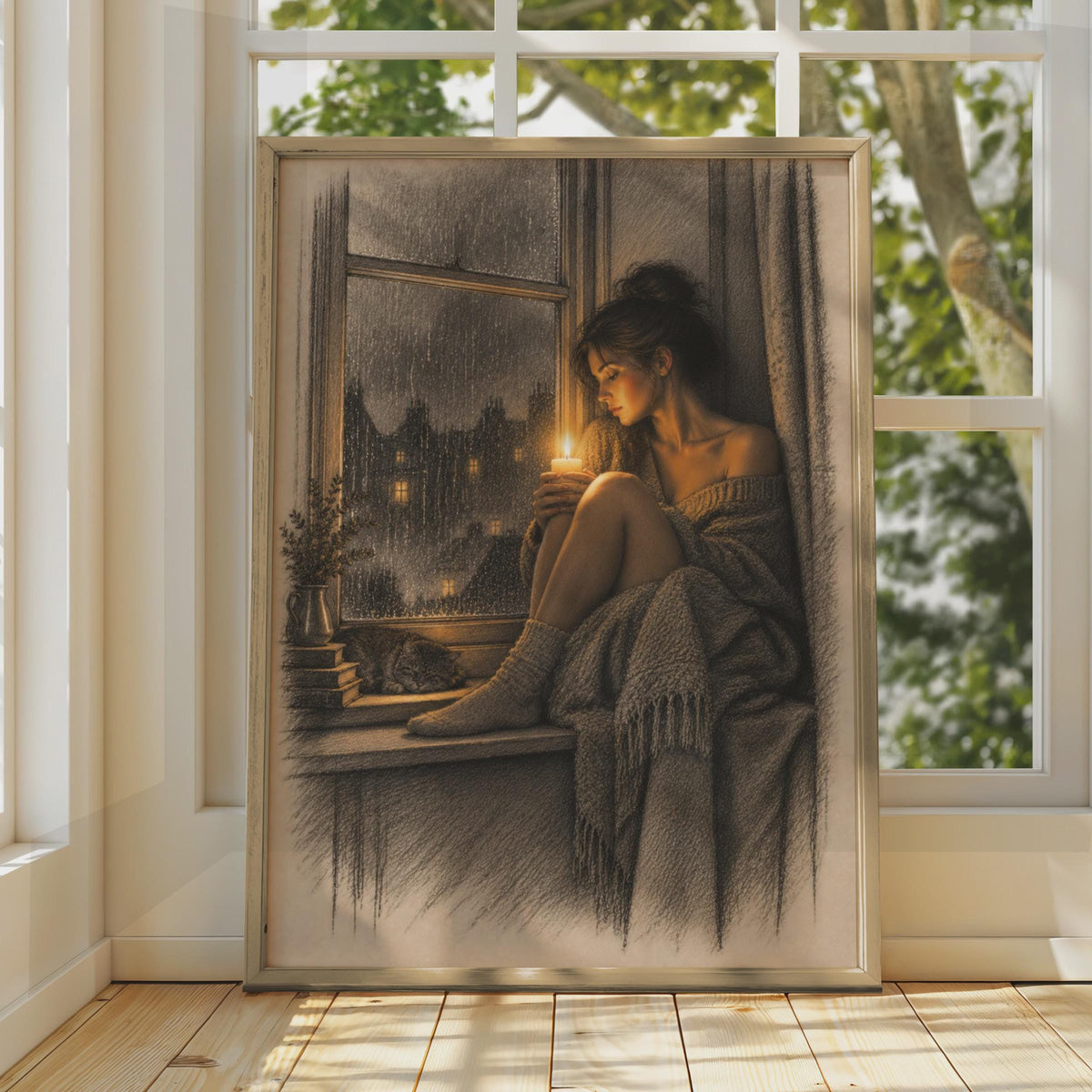 Moody Rainy Window Poster, Woman Candle Cat Art, Hygge Bedroom Print (Sepia Sketch Style)