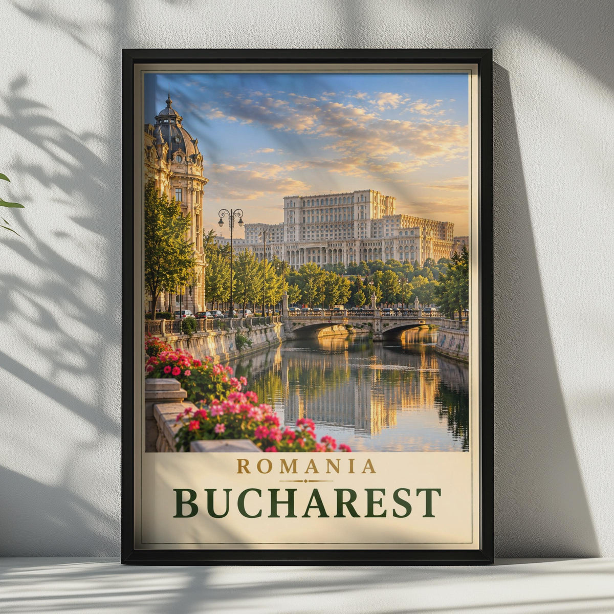 Bucharest Romania Travel Poster, Palace of Parliament, Golden Hour Cityscape (Print)