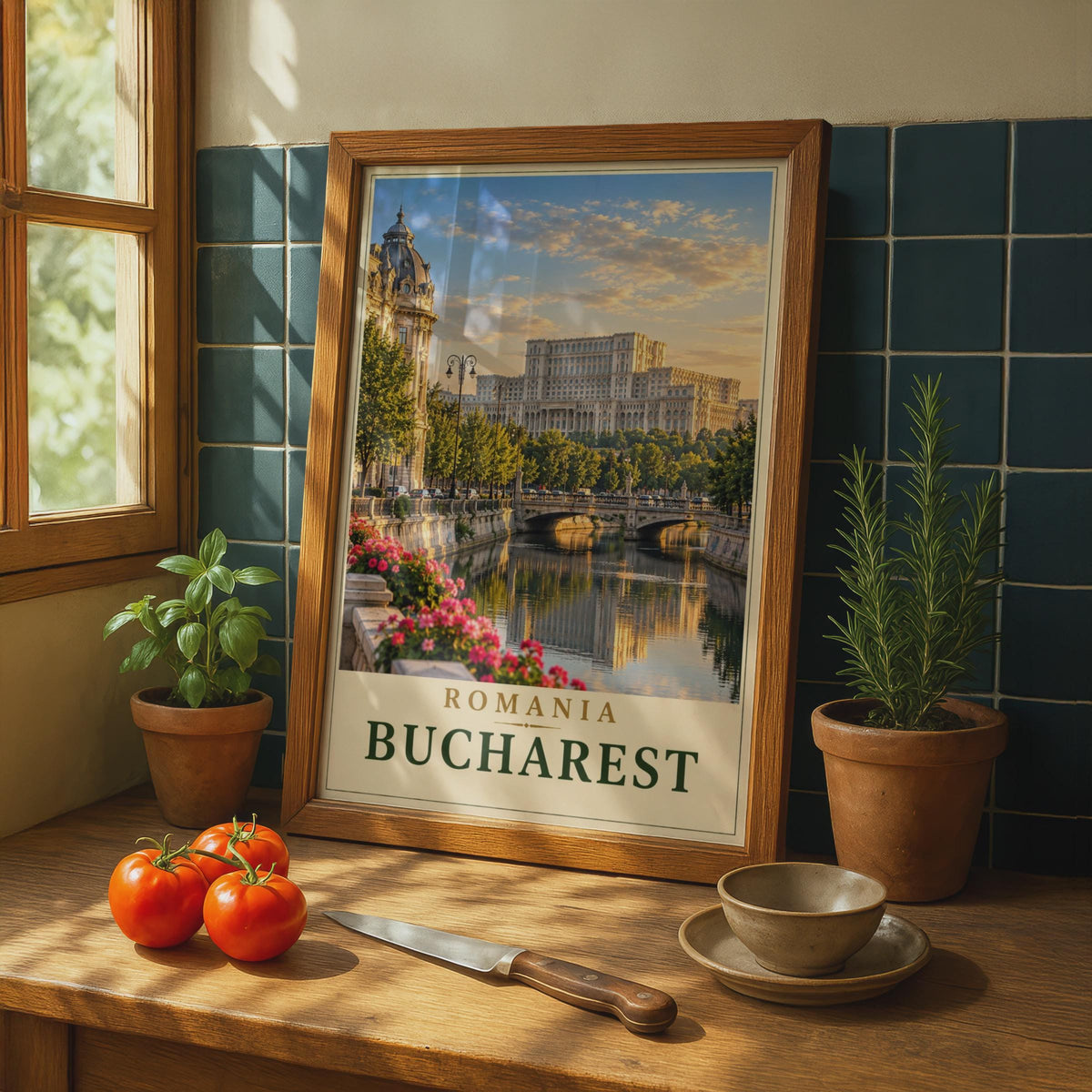Bucharest Romania Travel Poster, Palace of Parliament, Golden Hour Cityscape (Print)